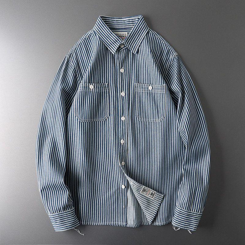 Heavy Retro Long-Sleeved Foreign Trade Export Order Tooling Blue Stripe M