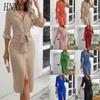 Women's Fashion Summer Spring Solid Color Print 3/4 Sleeve V-Neck Casual Dresses