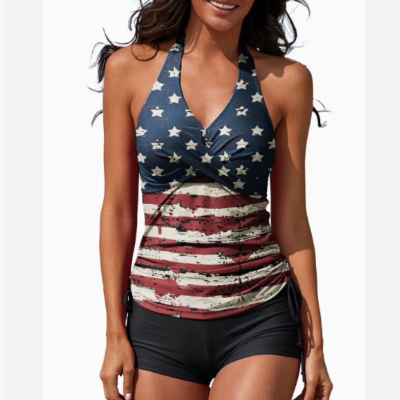 Klassische schwarze Neckholder-Tankini-Sets mit Kordelzug, gerüschter Criss Cross Center Core Top Boxershorts-Badeanzug, Damen-Bademode und -Kleidung