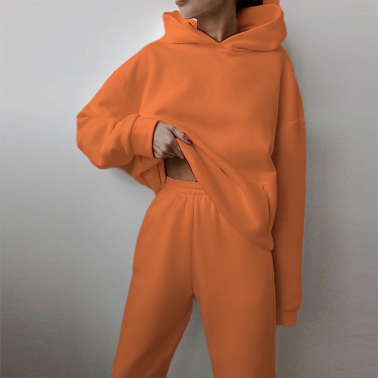 2026 Spring Women's European & American Solid Color Hoodie Sweatshirt & Long Pants Casual Streetwear Two-piece Set