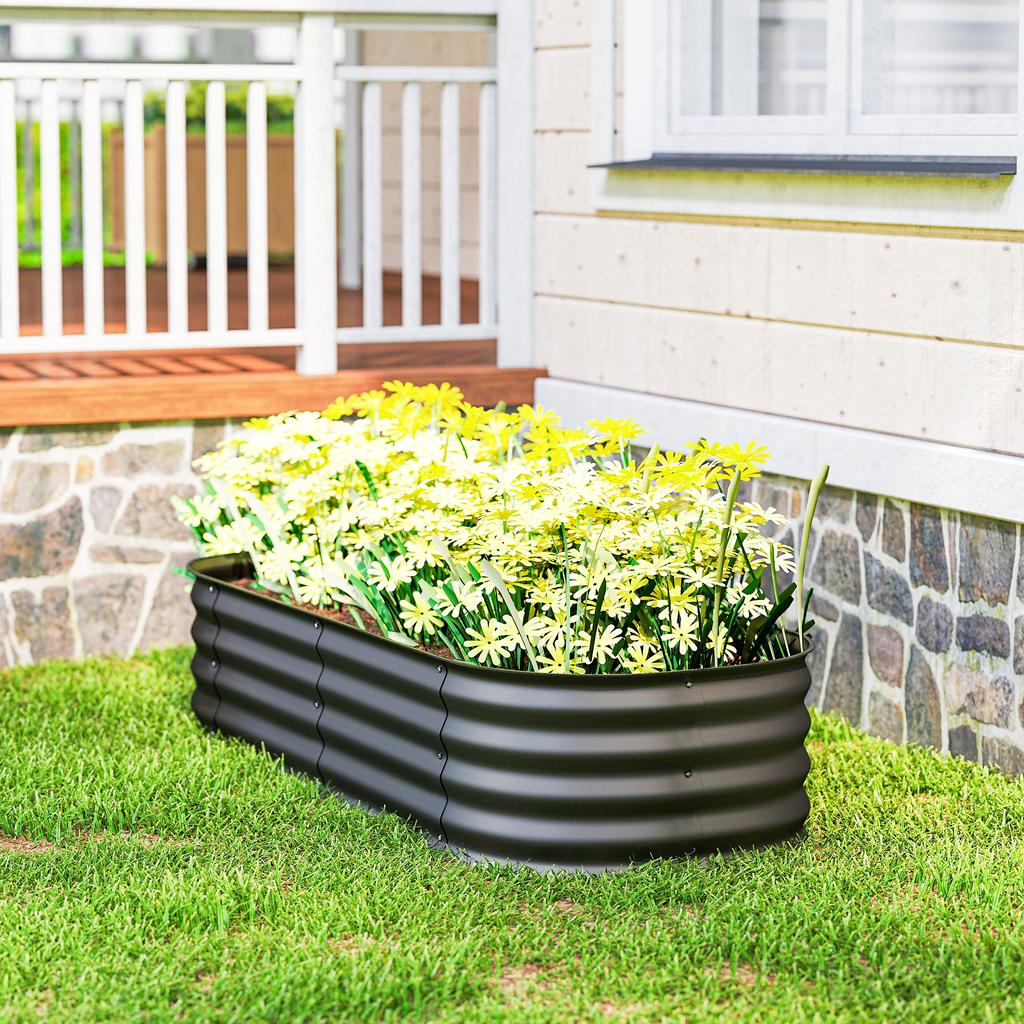 Galvanised Raised Garden Bed, Metal Planter Box with Safety Edging, for Flowers, Herbs, Succulents, Dark Grey