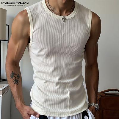 Summer Men Round Neck Sleeveless Semi-Sheer Rib Casual Tank Tops