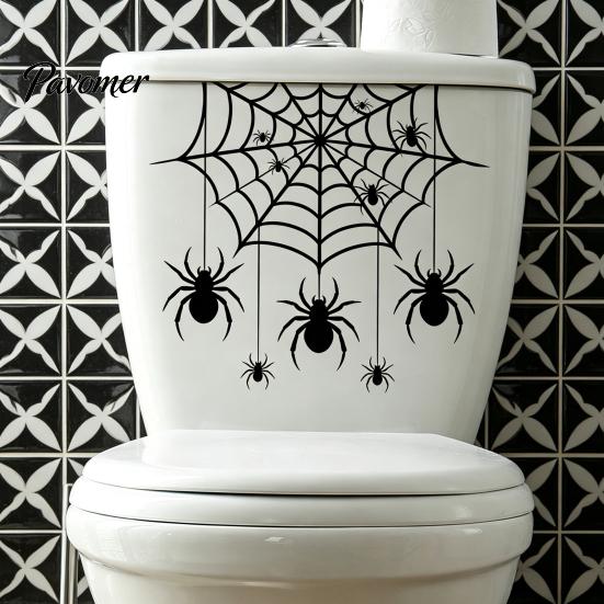 Indoor Party Atmosphere Props Halloween Spider Web Toilet Seat Sticker, Self-Adhesive Black Spiders Lid Moisture Proof Ceramic Tile Decals Decal,