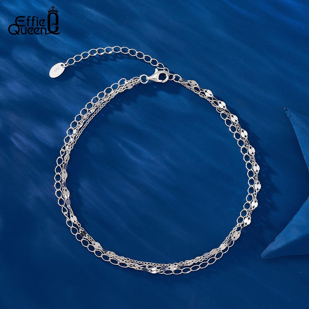 Effie Queen 925 Sterling Silver Layered Link Chain Anklets Bracelet Muti-layer Foot Leg Anklet Beach Jewelry Adjustable SA58