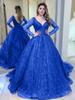 Blue Wedding Dress Autumn and Winter New Long-sleeved Bead Sequined Big Swing Dress Sexy V-neck Banquet Dress New