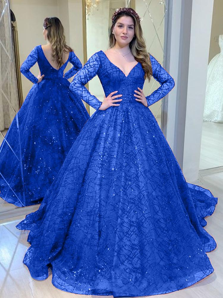 Blue Wedding Dress Autumn and Winter New Long-sleeved Bead Sequined Big Swing Dress Sexy V-neck Banquet Dress New