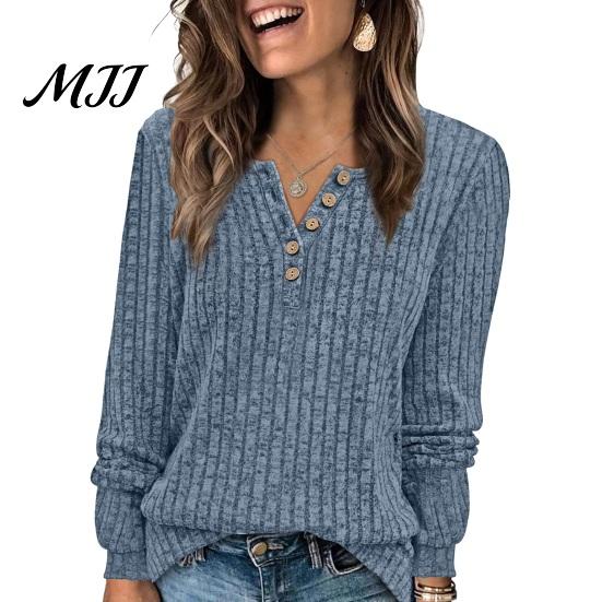 Spring Autumn Top Women Ribbed Long Sleeve Top, Loose Casual Blouse with Button, Solid Pullover Shirts Color Crew Neck ShCrew irt for Soft