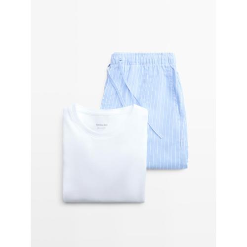 

[Massimo Dutti] Пижамная рубашка с коротким рукавом и полосатые брюки 2633345 [Отправка из Кореи] 100% Оригинал Sky Blue - M