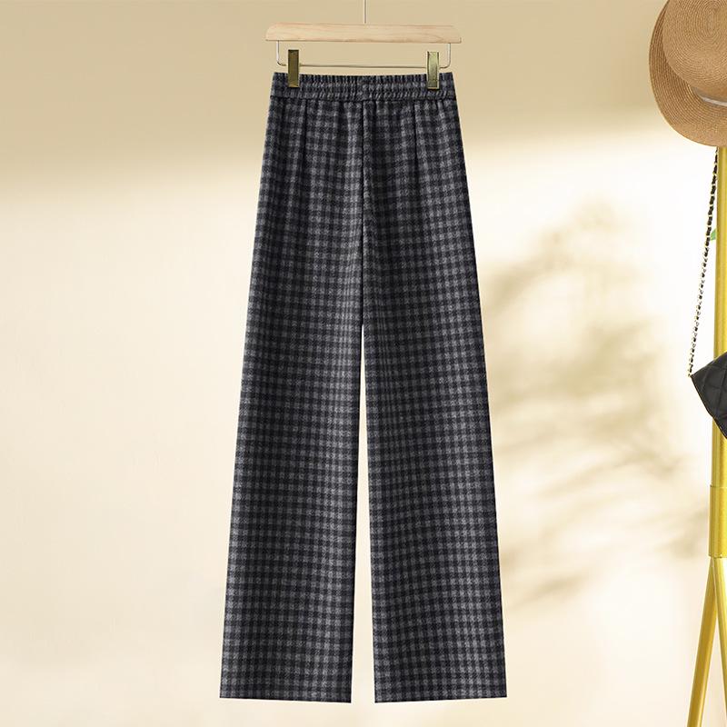 Women's 2024 Winter Wool Plaid Fleece-Lined Elastic Waist Wide-Leg Pants