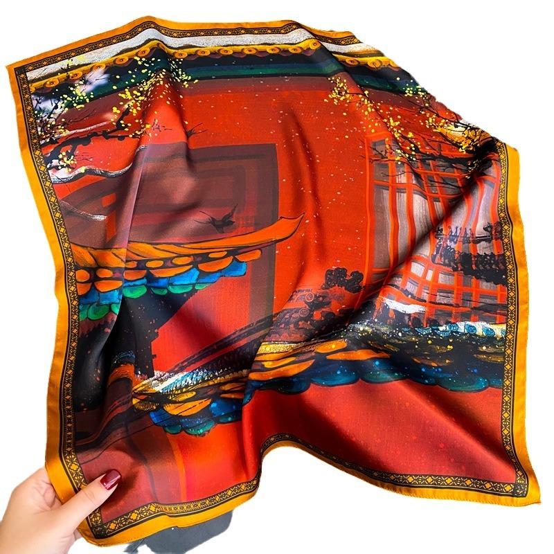 Red National Style Silk Mulberry Silk Silk Scarf Medium Square Scarf Women's Spring and Autumn Neck Protection Scarf Decorative Thin Scarf 71x71