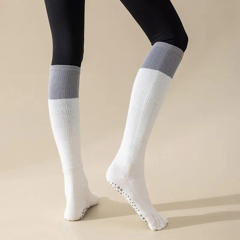Women Five Toes Pilates Yoga Socks Professional Silicone Anti-slip Fitness Sports Socks Solid Color Cotton Knee Socks Stockings