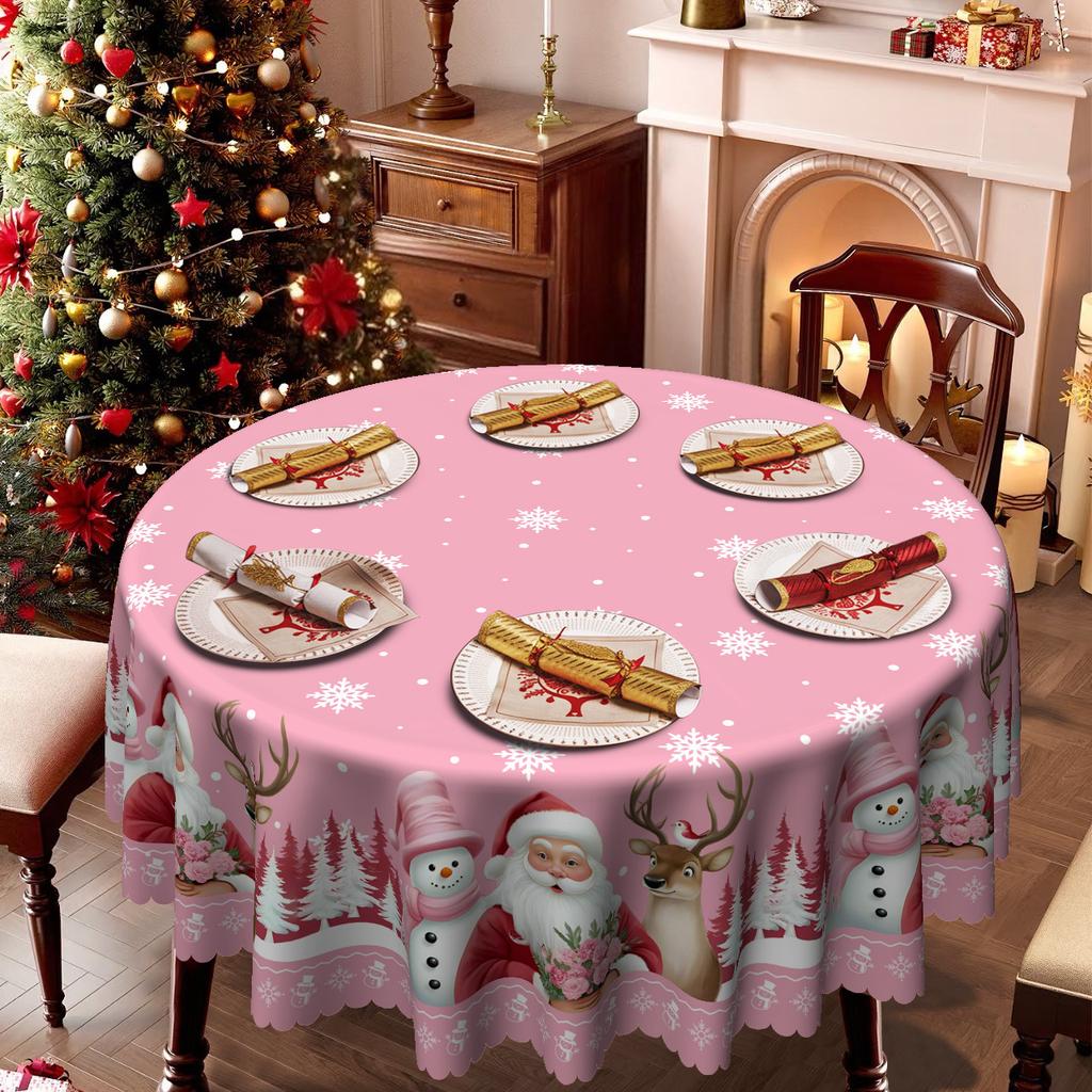 Christmas Atmosphere Tablecloth Santa Elk Snowman Print Pink Round Table Cloth Rectangular Coffee Table Cloth