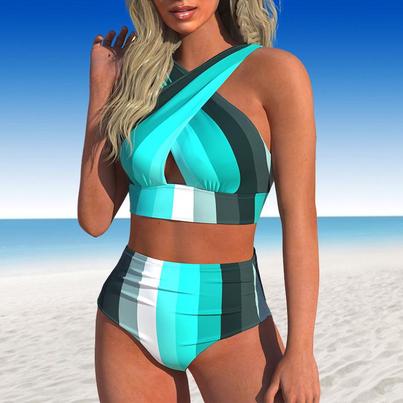 Women's Swimwear Tankini 2 Piece Swimsuit Black Blue Heterochromatic Color Print Vacation Bathing Suits