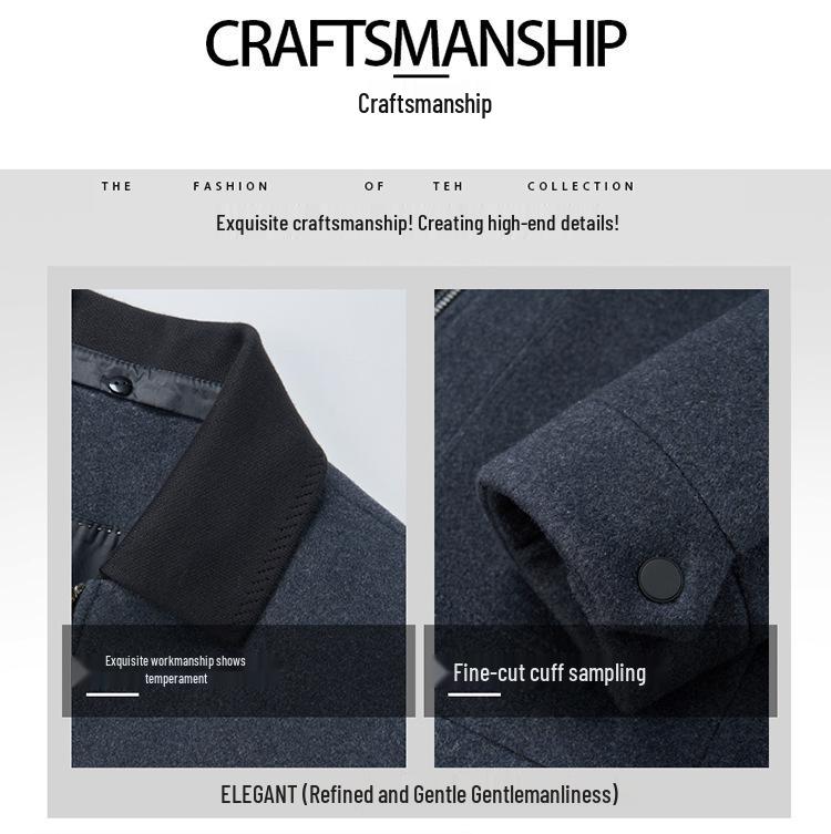 Brand Men's Woolen Baseball Collar Lapel Jacket for Middle-Aged and Elderly - Autumn/Winter Business Lambswool Overcoat