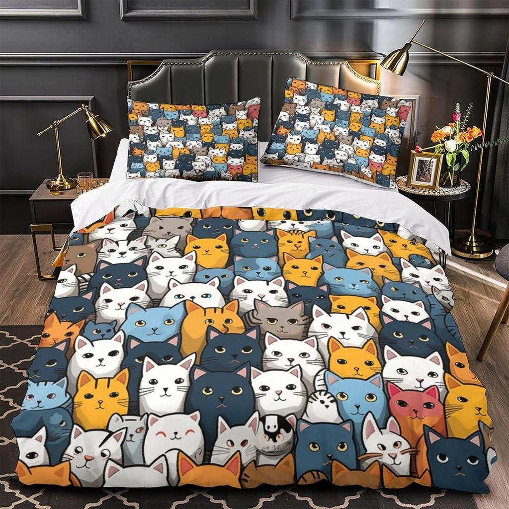 Cat Comforter Covers 3D Print Quilt Cover For Teens And Adults, Soft Microfiber Bedding Set With Zipper Closure With Pillowcases