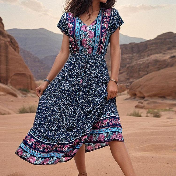 Women Retro Slim Fit Long Print Dress European American Style Summer Green