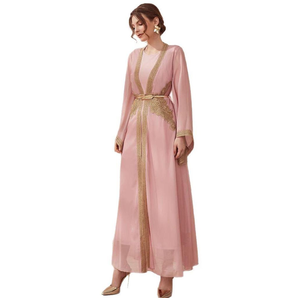 Middle Eastern Muslim Women's Two-Piece Abaya Dress with Belt