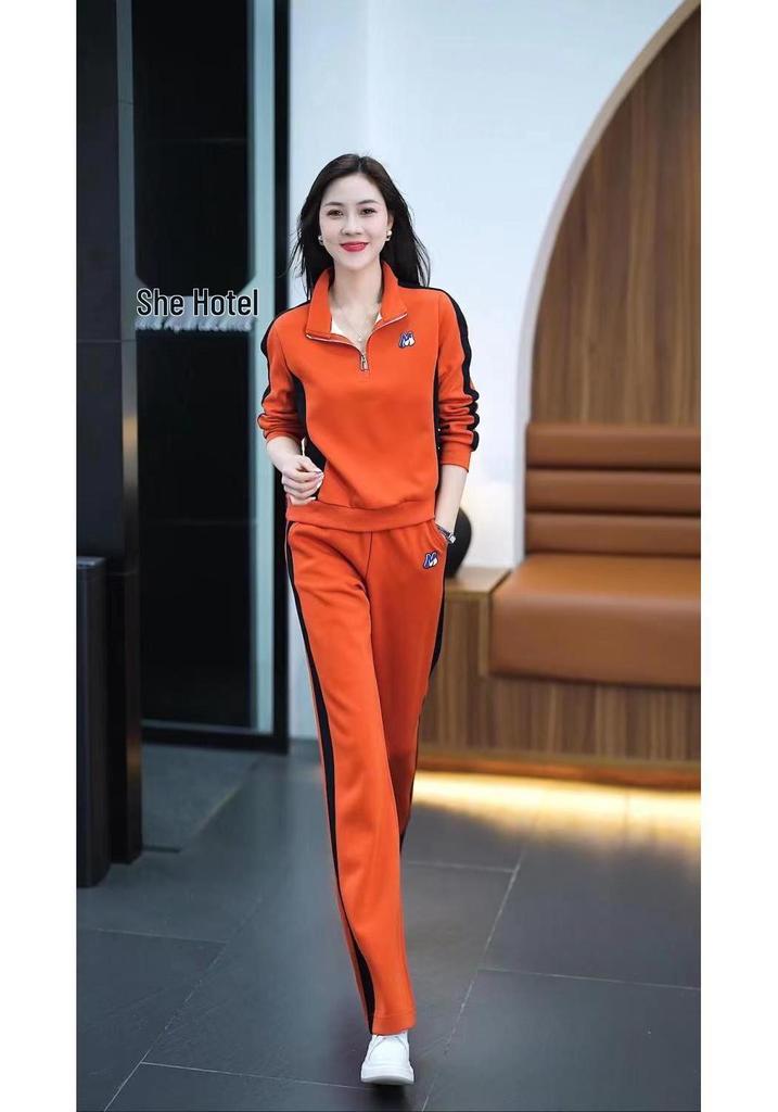 Women's Casual Sportswear Set - Spring/Autumn 2024: Slimming Stand Collar Hoodie & Wide Leg Pants Two-Piece Ensemble.