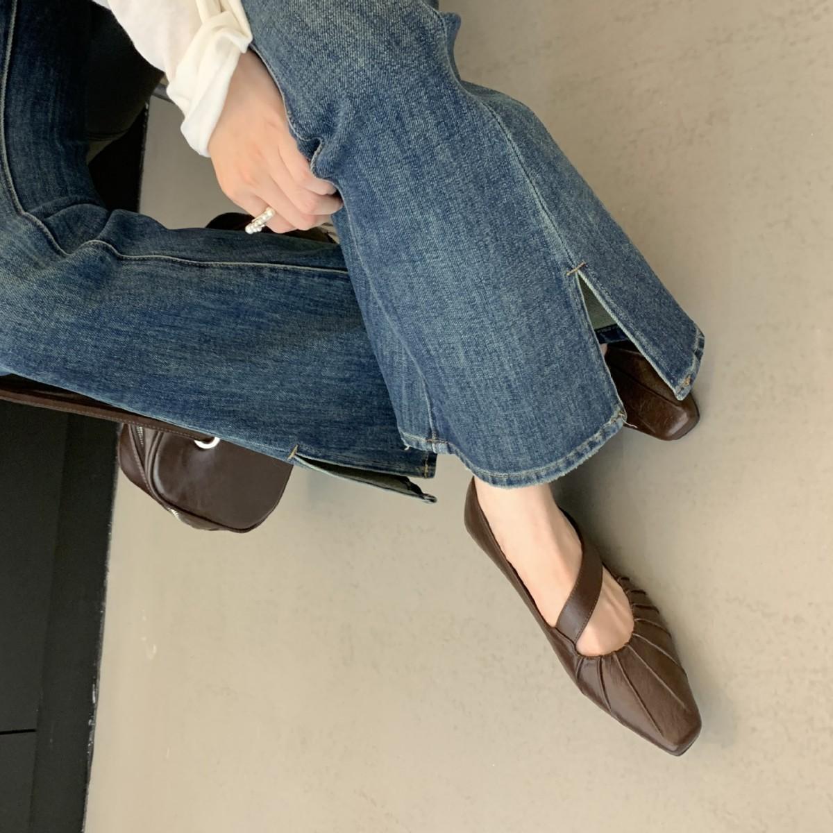 

Vintage Mary Jane shoes women s head with pleated flat bottom not tired feet French temperament single shoes 40 абрикосовый