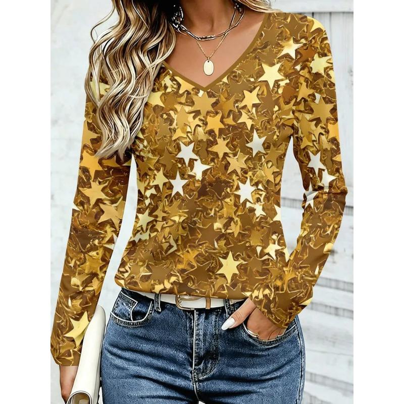 Women's Autumn 3D Printed V-Neck Long Sleeve T-Shirt