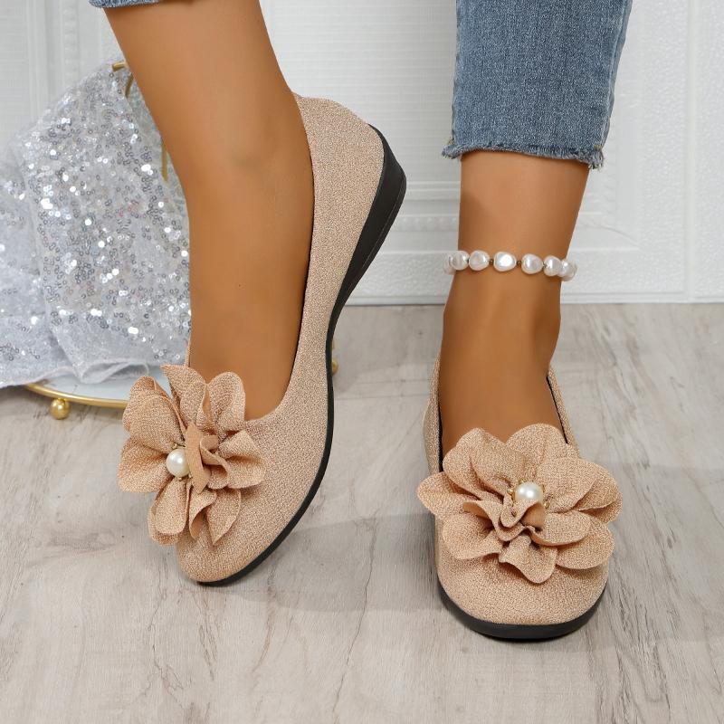 2026 New Summer  Women's Round Toe Flats Soft Sole Casual Shoes Pearl Floral Shallow Slip on Daily Outdoor Flats