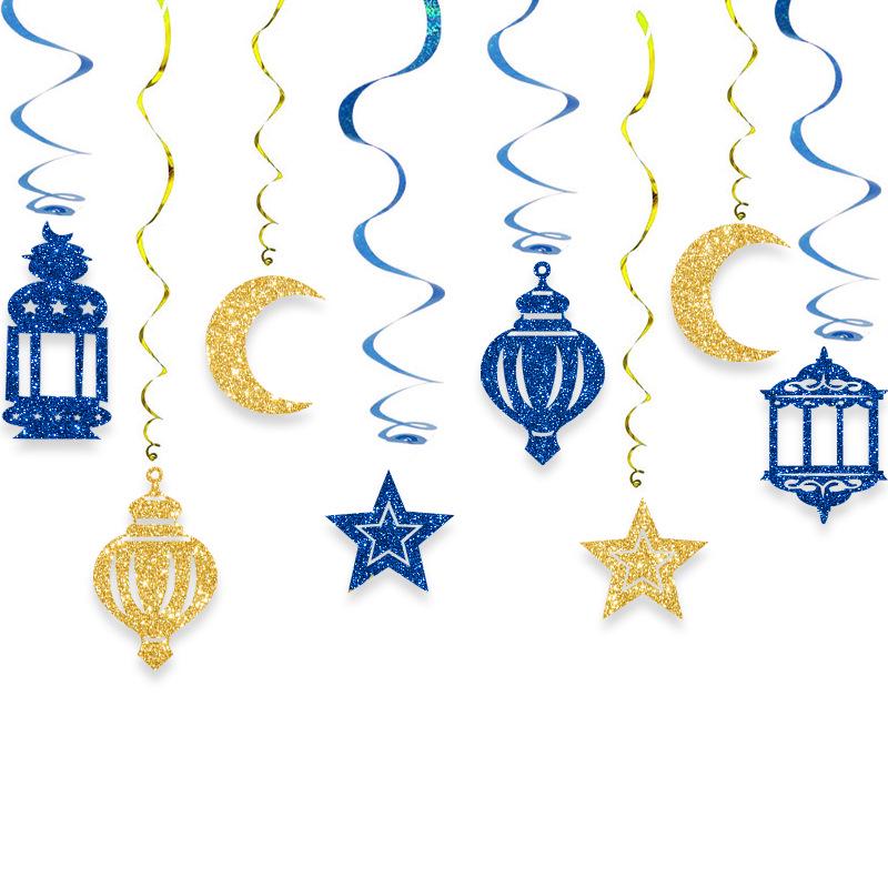 Spirálové ozdoby z hvězd a měsíce ve tvaru blízkovýchodních luceren pro dekorace k svátku Eid