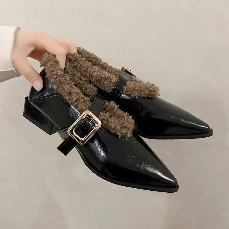 Fashion Autumn Fashion Furry Women Mary Jane Shoes Elegant Pointed Toe Low Heel Shoes Ladies Outdoor Comfort Warm Leather Footwear