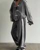 Fashion Buckle Three Bars Casual Suit Retro Stand-up Collar Jacket Wide-leg Sweatpants Two-piece Set