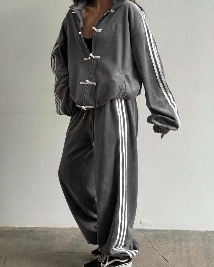 Fashion Buckle Three Bars Casual Suit Retro Stand-up Collar Jacket Wide-leg Sweatpants Two-piece Set