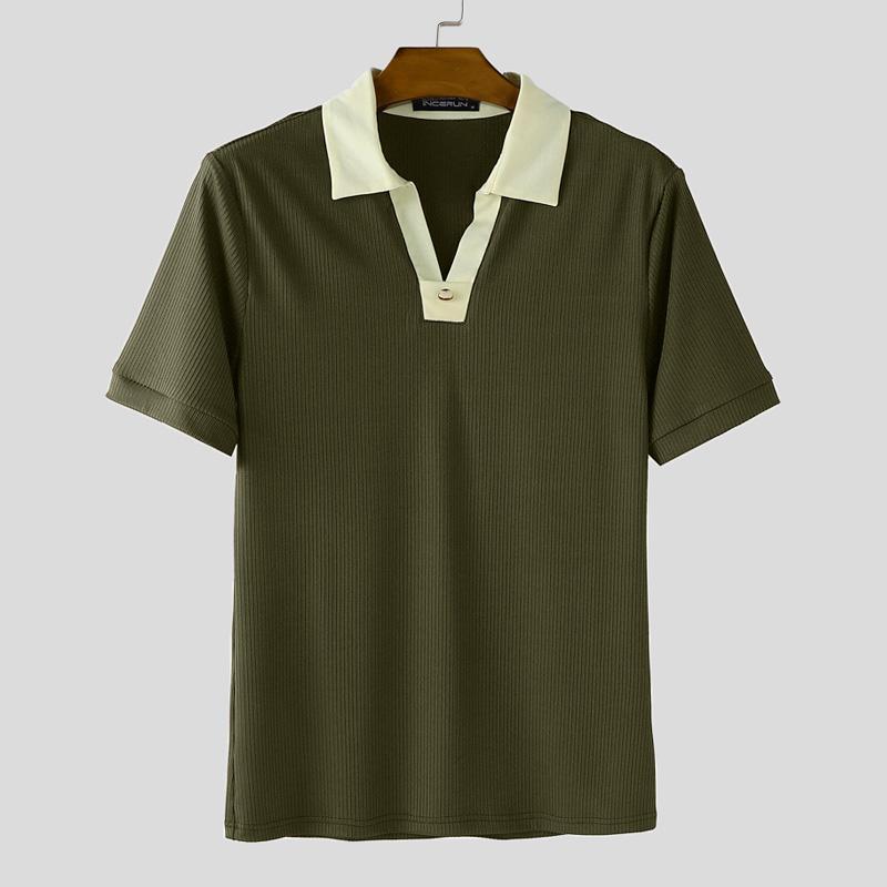 

INCERUN Men Casual Turn-down Collar Short Sleeve Stitching Rib T-shirts 4XL зелёный