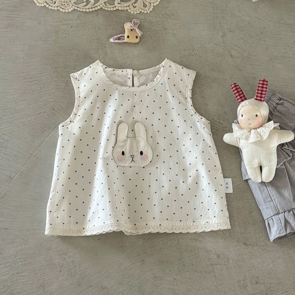 Girls Summer Sleeveless Vest Cute Rabbit Polka Dot Sweet Top Kids Clothing 80