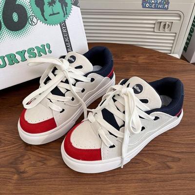 Lente Nieuwe Retro Rood en Blauw Kleurblok Canvas Broodschoenen Dames Campusstudent Ins Vrijetijds Sportschoenen