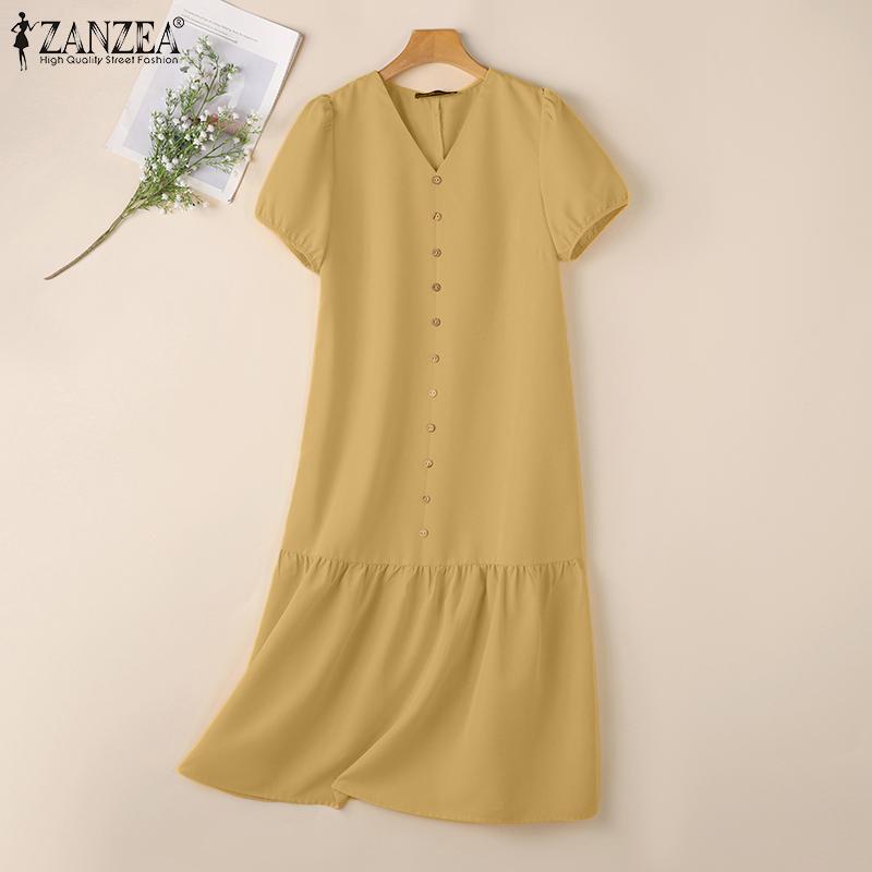 ZANZEA Women Summer V-Neck Solid Color Loose Short Sleeve Dress