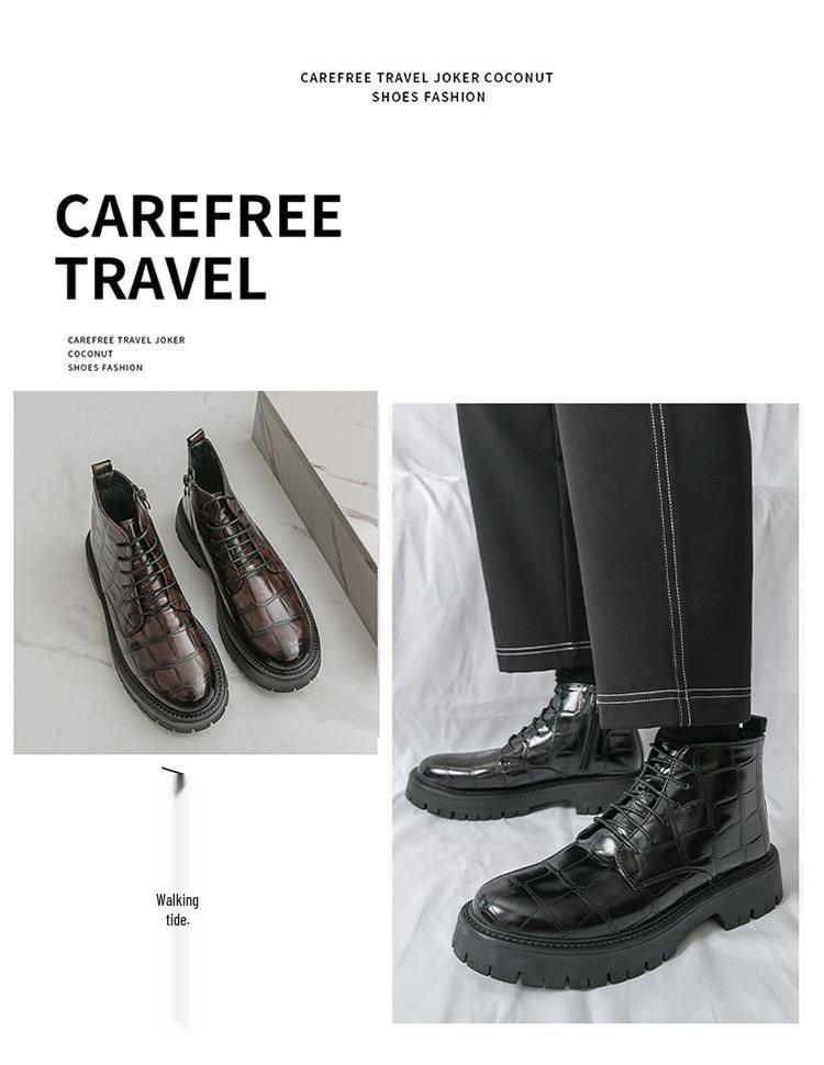 Men's Large Size High-Top Leather Shoes with Thick Soles, Height-Increasing, Autumn/Winter Fashion Trend Martin Boots