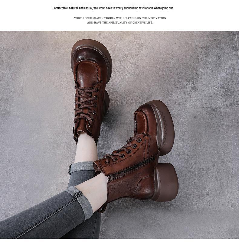 Genuine Leather Zippered Retro Platform Heel Women's Martin Boots