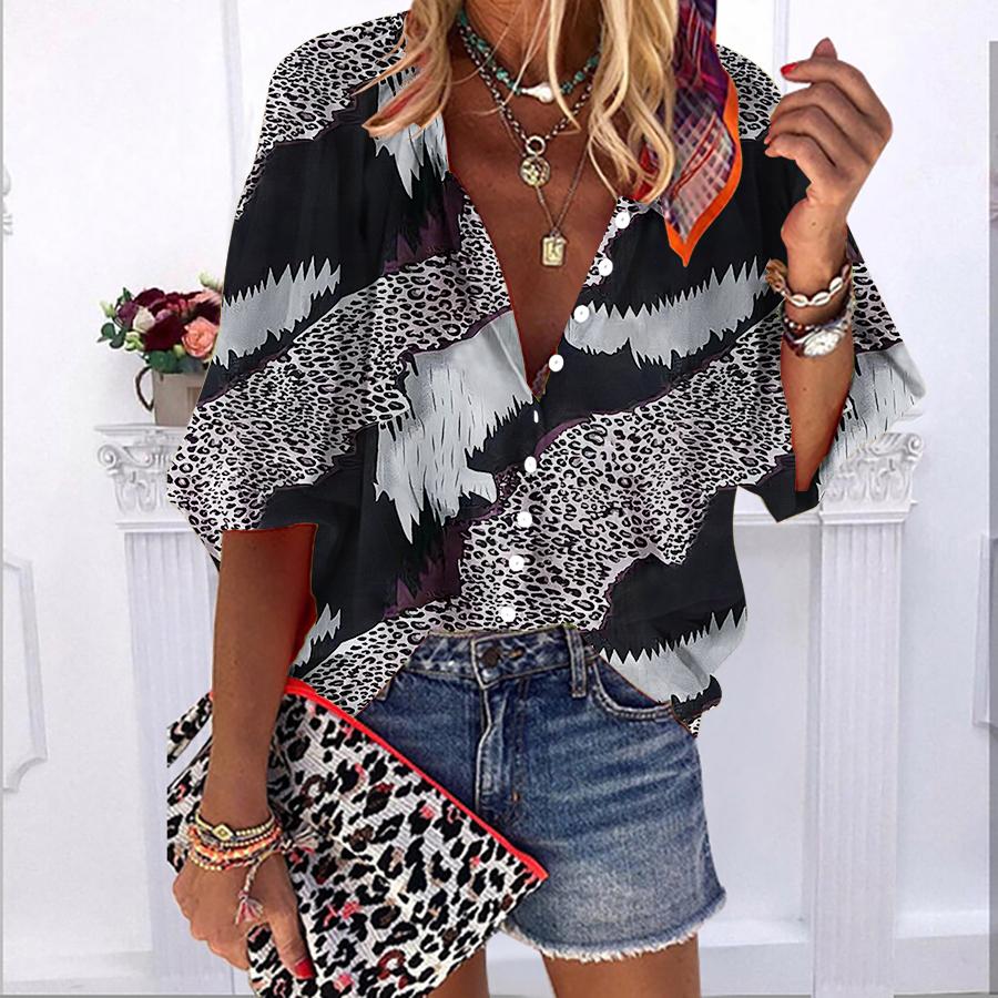 

2023 Лето Осень Новая мода Женские топы Цвет Стринг Леопардовый принт Принт Полурукав Повседневная рубашка больших размеров на пуговицах больших размеров с пузырчатыми рукавами