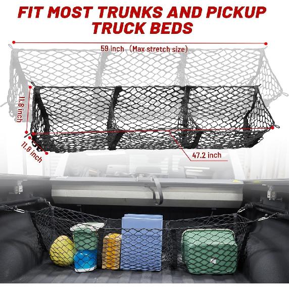 RED WOLF 3 Pocket Truck Bed Cargo Net For Toyota Ford Dodge GMC Chevy Silverado, Universal Pickup Mesh Storage Net 47.2" X 11.8" Stretchable Elastic