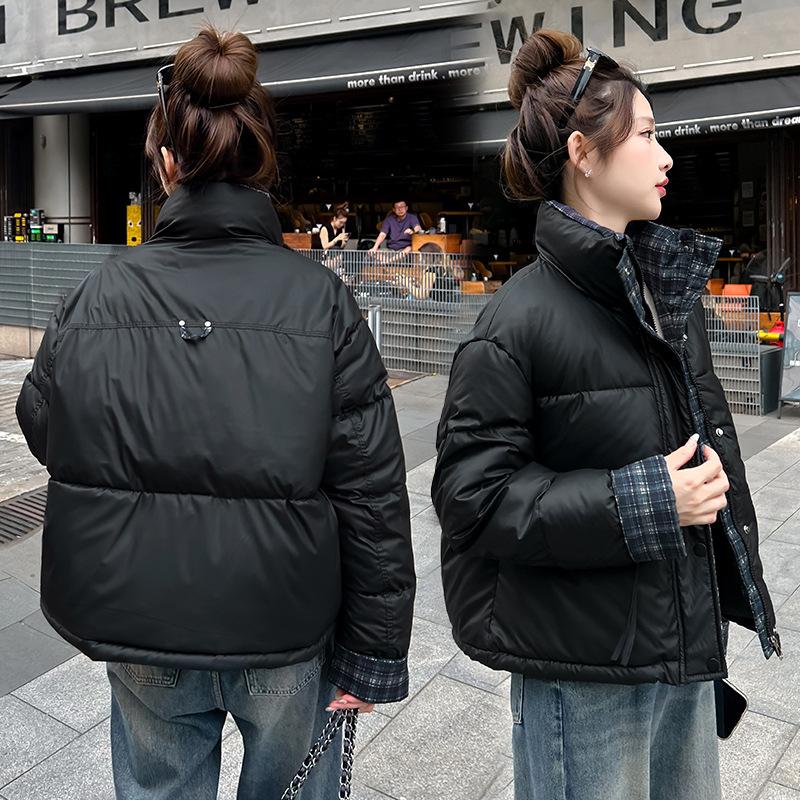 Vertical Collar Plaid Contrast Cotton Warm Short Thickened Jacket