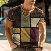 3D Print Patchwork Color Block Vintage Henley-skjortor Herrmode Oversized Button-Up Kortärmade T-shirts Toppar Kläder