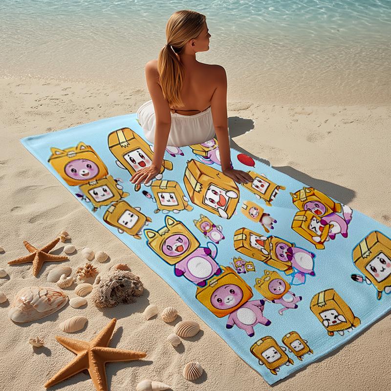 proof beach towel with a Lankybox Foxy and Rocky3 pattern - soft,absorbent,quick-drying,machine washable - perfect for swimming,camping,bathing