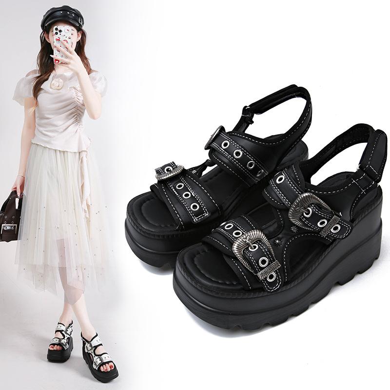 2025 Summer New Thick-soled Heightening Word with Roman Sandals Women Wear Light Lazy Shoes Casual Sandals
