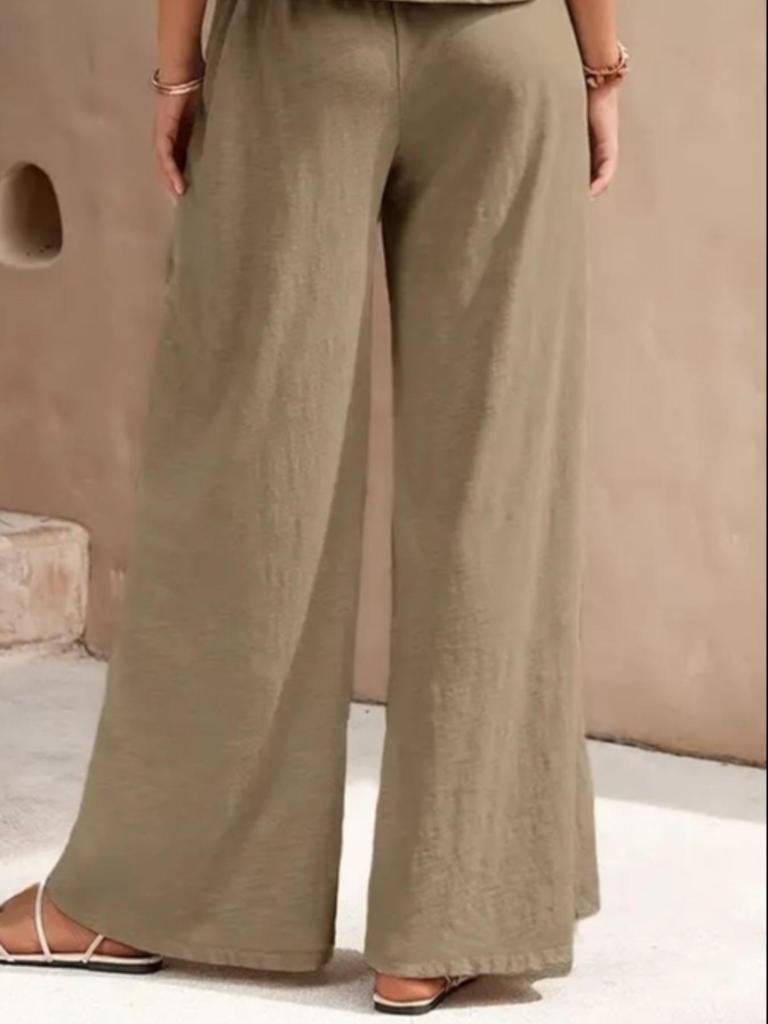 Versatile Two-Piece Set: Round Neck Sleeveless Top & Wide-Leg Pants - Casual Solid Color Ensemble