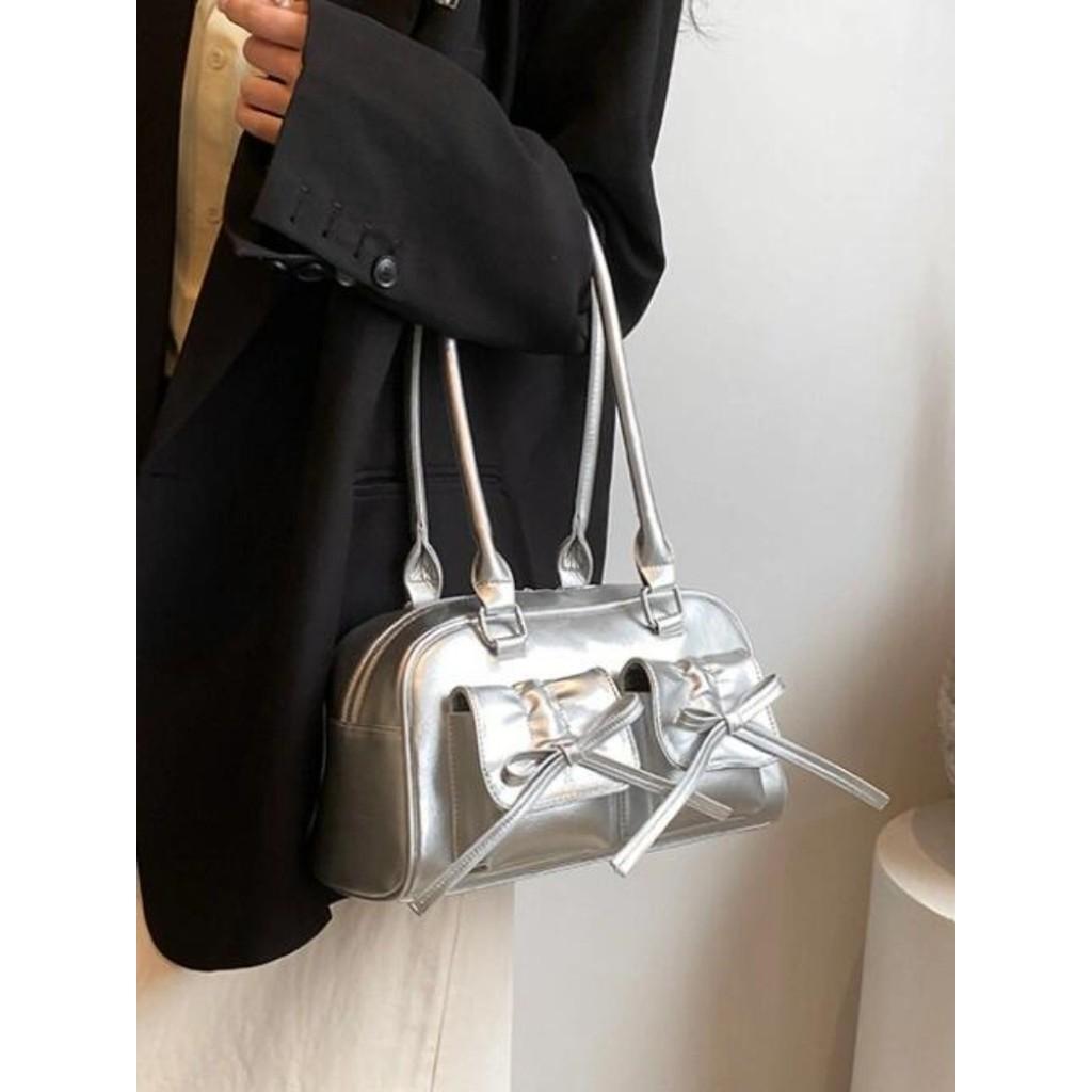 IELGY Niche Silver Bowknot Underarm Bag High-End Feeling Out Street Portable Pillow Bag Fashion Commuter