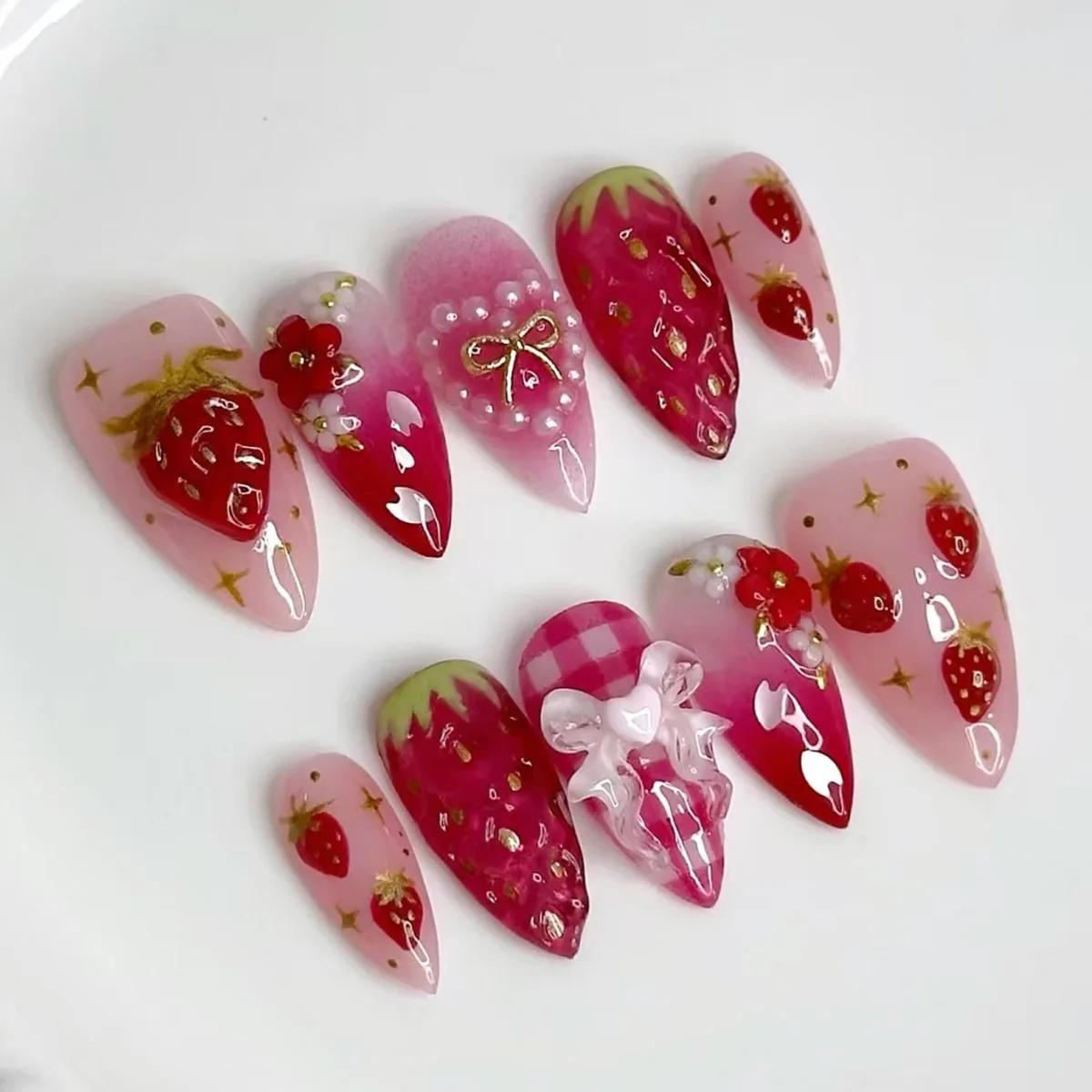 

24Pcs Strawberry Press On Nails, 3D Bow & Flower Red Almond Fake Nails for Sweet Style United States