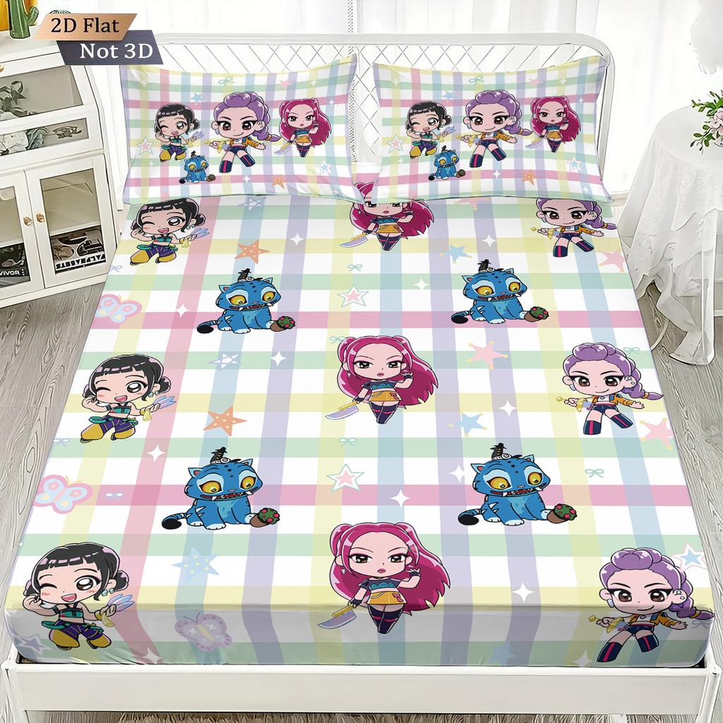 1pc K-Pop Demon Hunters Fitted Sheet Polyester Durablle Machine Washable Bedding Set for Home Bedroom Decoration Birthday Gift