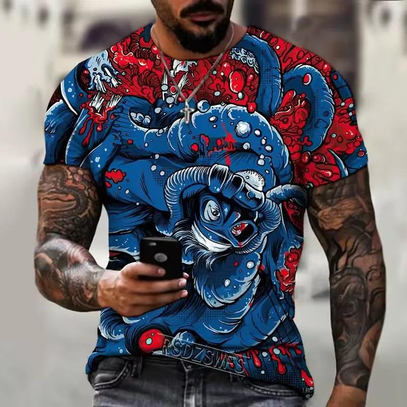 Summer Men's Casual T-shirt Street Fashion Short Sleeve Harajuku Graffiti 3D Printed Full Match Round Neck New Tops