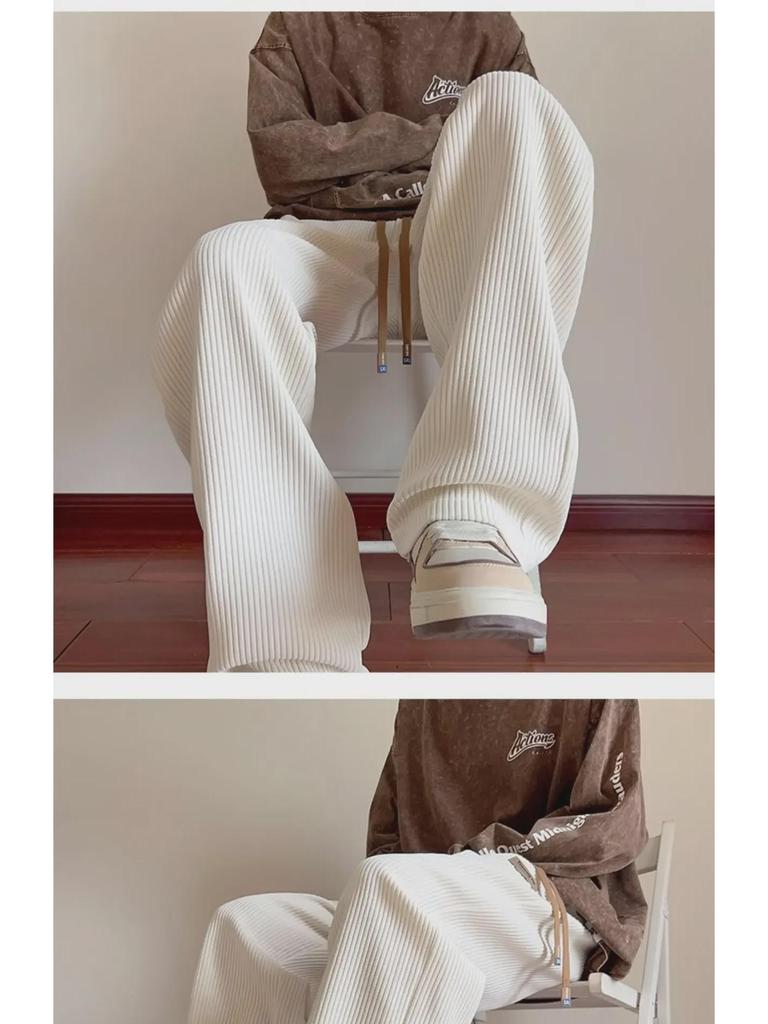 Chlapecké nadměrné široké manšestrové tepláky khaki barvy v americkém stylu se sametovou podšívkou na zimu