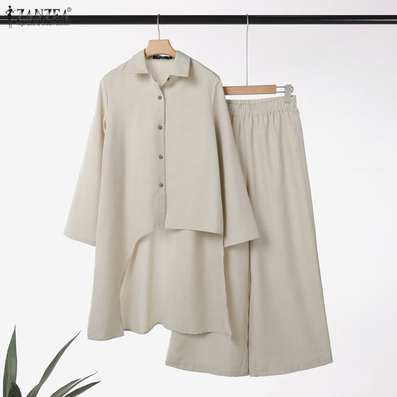 ZANZEA Women Long Sleeve Irregular Blouse and Pants Casual Two Piece Suit Sets
