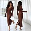 Kreuz Hals Strickstruktur Unifarben Schmal Geschnitten Schmeichelhaftes Kleid Damen Winter Reifer Stil Französisch Retro Patchwork Schmal Sexy Elegant Damen Maxikleid