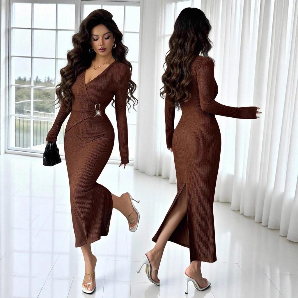 Cross Neck Knit Texture Solid Color Slim Fit Flattering Dress Women Winter Mature Style French Retro Patchwork Slim Sexy Elegant Women Maxi Dress